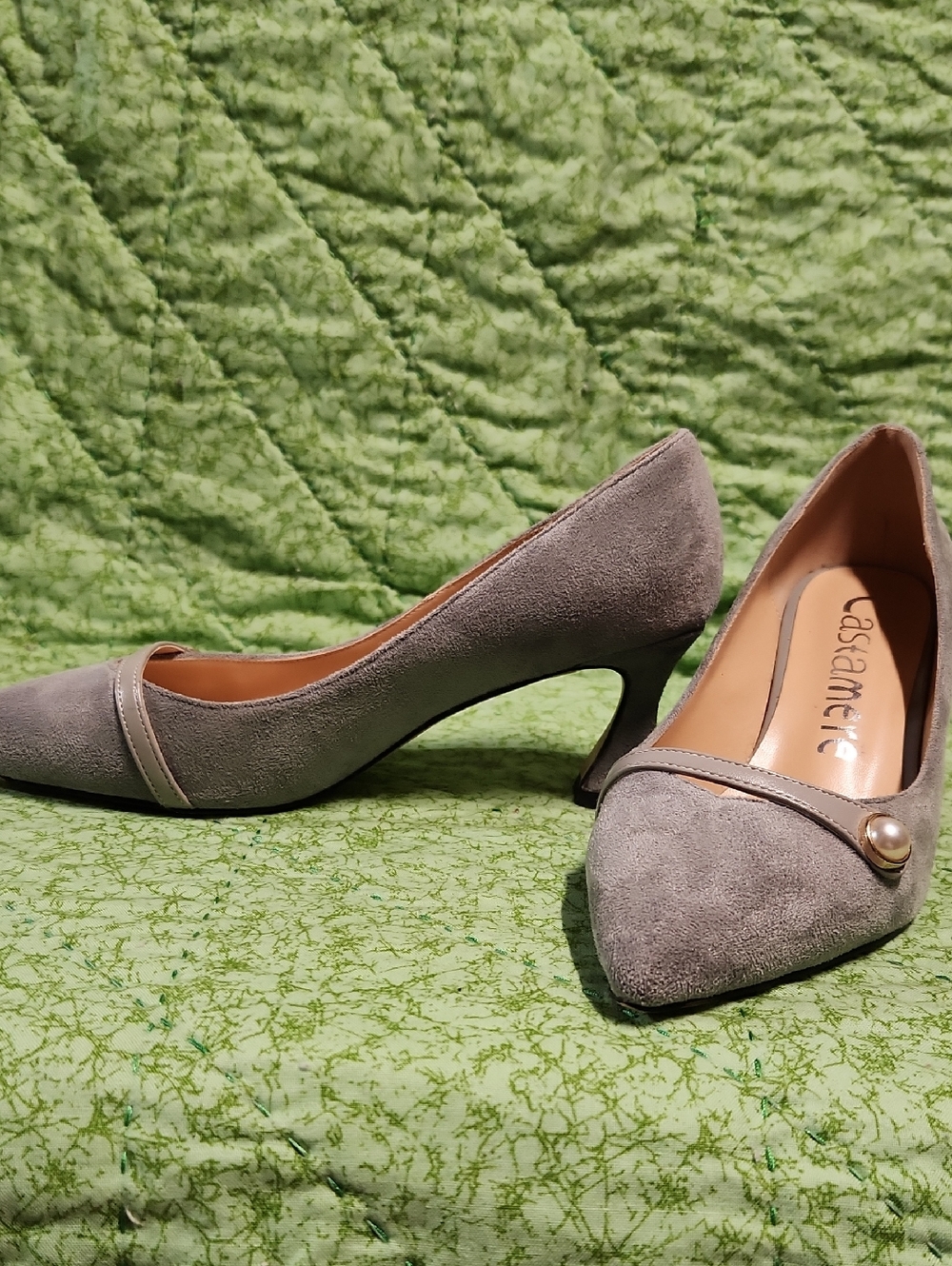 7.5 Grey Suede Pointed-Toe Mid Heels with Pearl Accent